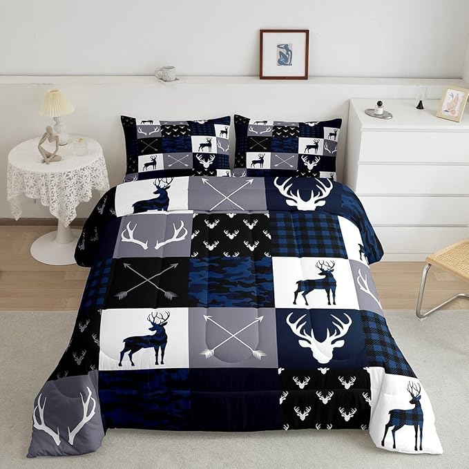 Manfei Camo Deer Antlers Comforter Set Full,Geometric Plaid Patchwork Bedding 3pcs for Kids Teens Girls Boys Room Xmas Quilt Set,Blue Grey Duvet Insert with 2 Pillowcases (WWS10843GYY-BZ_USf)