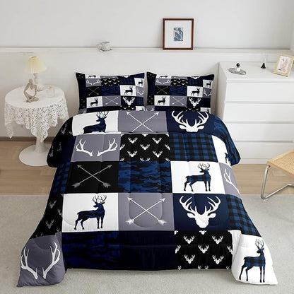 Manfei Camo Deer Antlers Comforter Set Full,Geometric Plaid Patchwork Bedding 3pcs for Kids Teens Girls Boys Room Xmas Quilt Set,Blue Grey Duvet Insert with 2 Pillowcases (WWS10843GYY-BZ_USf)