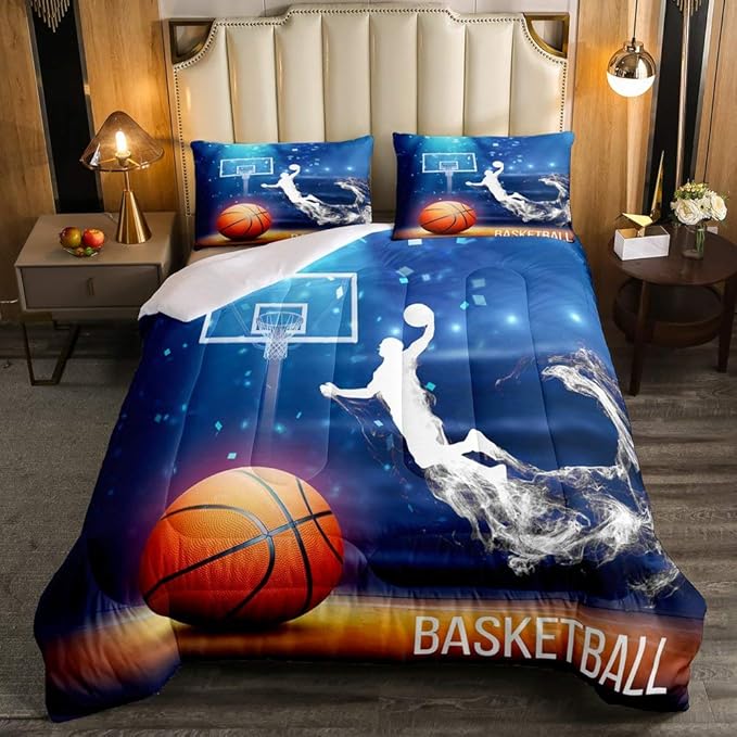Erosebridal Boys Basketball Comforter Set Queen Size Basketball Player Quilted Duvet Competitive Sports Game Bedding Set for Kids Teens Man Arena Tie Dye Duvet Set, Blue Room Decorative