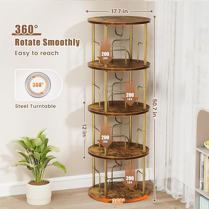 Rotating Bookshelf, 4 Tier Spinning Bookshelf Tower, 360° Display Unique Round Bookcase, Floor Standing Corner Revolving Bookshelf Storage Organizer for Small Spaces, Home Study Office, Gold