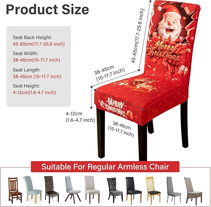 4PCS Christmas Dining Chair Covers Stretch Removable Washable Dining Room Chair Protector Slipcover 3D Print Santa Claus Deer Kitchen Chair Cover Slipcovers Protector for Xmas Holiday Party Home Décor