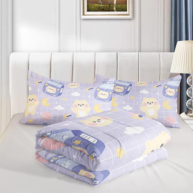 Bear Comforter Twin Size,Kawaii Comforter Set for Kids Teens Girls,3Pcs Bedding Set Printed Comforter with 2 Pillowcases,Down Alternative,Soft and Lightweight(Purple，Twin Size)