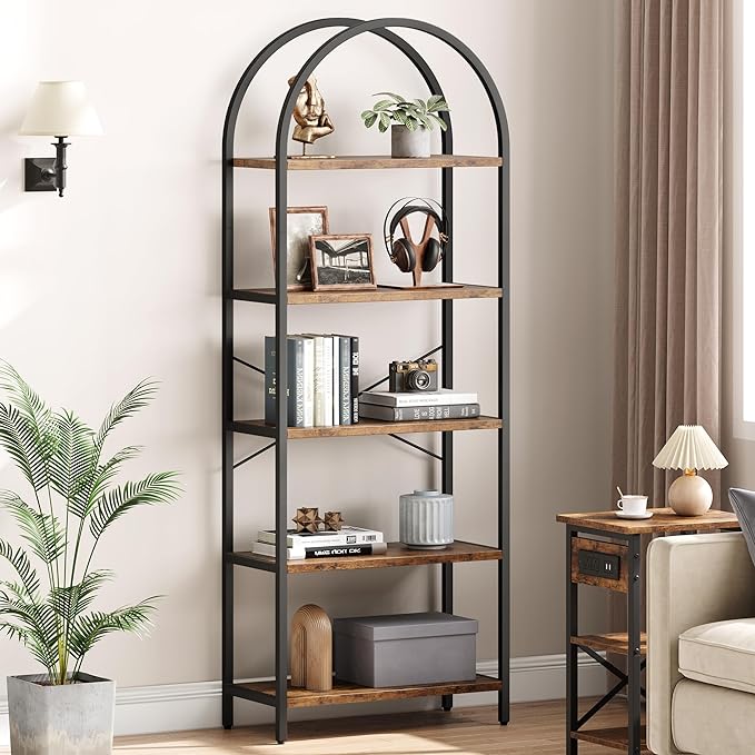 IDEALHOUSE Bookshelf 5 Tier Bookcase Arched Display Racks Tall Standing Bookshelves Metal Frame Rustic Storage Rack Shelf Brown Book Shelf for Bedroom, Living Room, Home Office, Rustic Brown