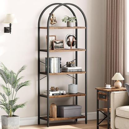 IDEALHOUSE Bookshelf 5 Tier Bookcase Arched Display Racks Tall Standing Bookshelves Metal Frame Rustic Storage Rack Shelf Brown Book Shelf for Bedroom, Living Room, Home Office, Rustic Brown
