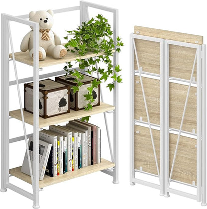4NM No-Assembly Folding Bookshelf Storage Shelves 3 Tiers Vintage Bookcase Standing Racks Study Organizer Home Office (Natural and White)