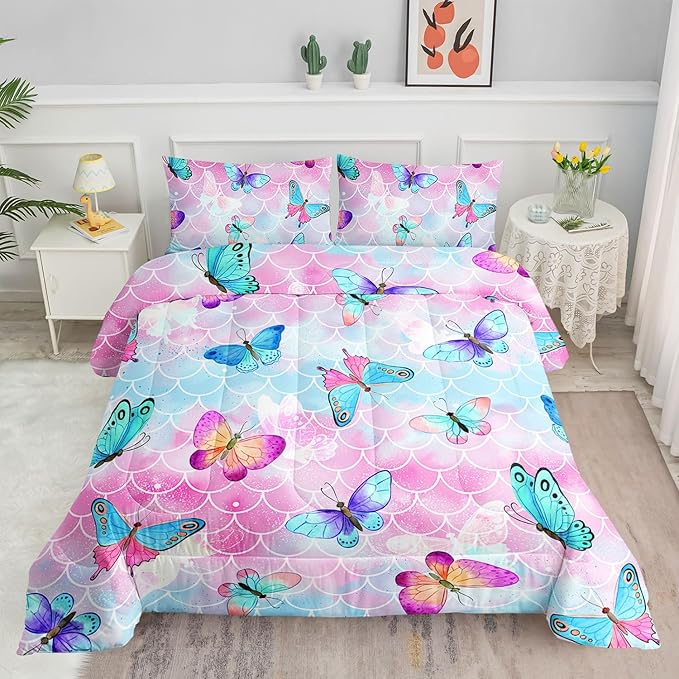 Datura home Kids Comforter Set Mermaid Scale Butterfly Printed Pattern Bedding Set with 1 Comforter and 2 Pillowcases for Girls Boys Bedroom All Season(Mermaid Full)