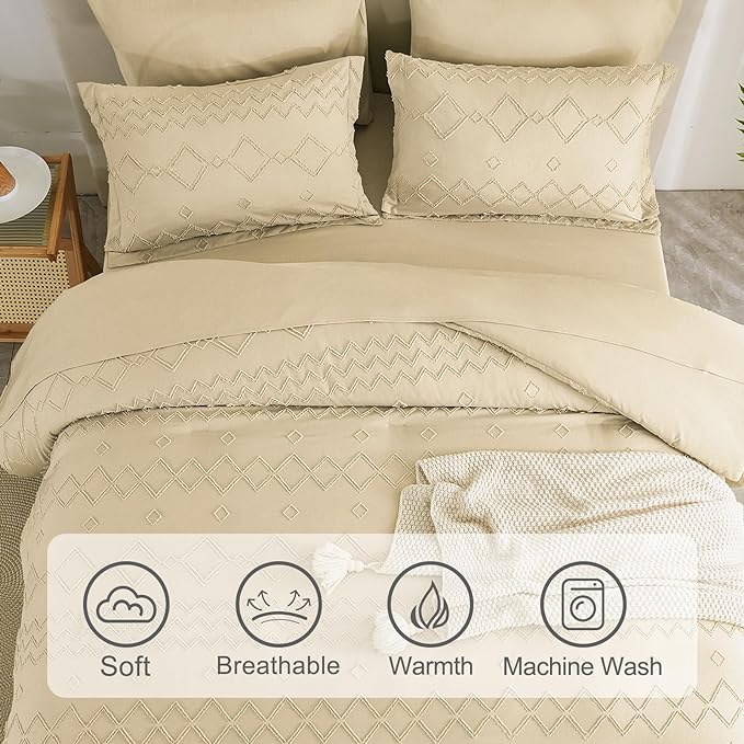 EMME Queen Comforter Set - 7 Pcs Beige Boho Bedding Sets, Full Size Tufted Comforter with Sheets, Shabby Chic Embroidery Queen Bed Set Fluffy Bed Bag for All Season(90"X90")