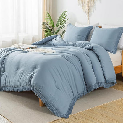 Andency Grayish Blue Comforter Set California King, 3 Pieces Boho Tassel Lightweight Bedding Comforter Sets, All Season Soft Fluffy Fringe Bed Set (104x96In Comforter & 2 Pillowcases)