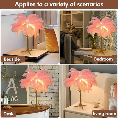 Ostrich Feather Desk Lamp Bedside Pink Cute Lamp Gold Resin Table Lamp, Coconut Tree Feather Lamp for Bedroom Living Room Hallway Wedding Girls Bedroom Night Light G4 Base
