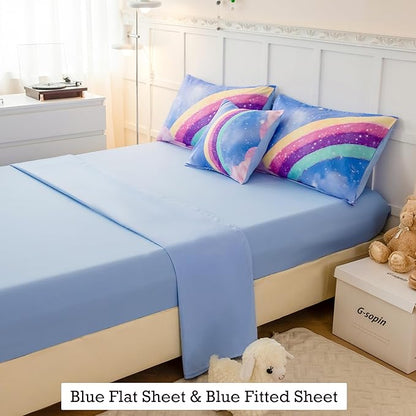 Sky Blue Teen Rainbow Comforter Set Queen Size for Girls, 6 Pieces Galaxy Gradient Bed in A Bag, 3D Galaxy Kids Bedding Comforter Sets with Comforter, Sheets and Pillowcases