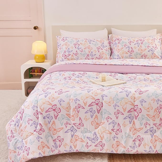Butterfly Kids Comforter Set for Girls Full Size, Cute Reversible Quilted Lavender Printed Bedding Set with Pillow Sham, Lightweight Soft Breathable Machine Washable Bed Set 3 Piece