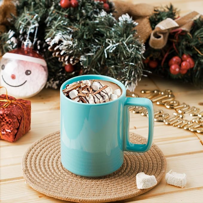 E-liu Large 15 Ounces Porcelain Coffee Mug Tea Mugs Set of 6 | Cups for Coffee, Tea, Cocoa, and Mulled Drinks , Dishwasher & Microwave Safe Gift Sets, Turquoise