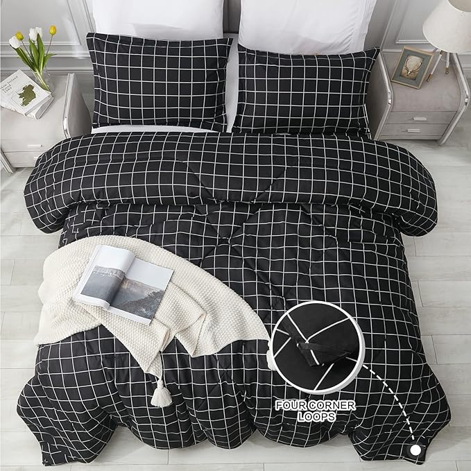 Andency Black Grid Comforter Set Queen Size (90x90 Inch), 3 Pieces(1 Grid Comforter and 2 Pillowcases), Summer Lightweight Microfiber Down Alternative Black Comforter with White Lines