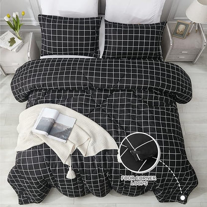 Andency Black Grid Comforter Set Twin Size (66x90 Inch), 2 Pieces(1 Grid Comforter and 1 Pillowcase), Summer Lightweight Microfiber Down Alternative Black Comforter with White Lines for Kids Girls