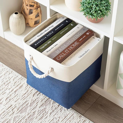 OrganiHaus 11x11 Cube Storage Bins 4 Pack, Foldable Cube Storage Organizer w/ Rope Handles, Collapsible Fabric Bins for Toys, Clothes & Closet Organization, Fabric Square Baskets - Navy Blue