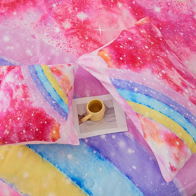 6 Pieces Pink Tie Dye Full Size Bedding Sets for Girls/Teens/Kids, Colorful Rainbow Girls Comforter Set, Sparkle Galaxy Glitter Bedding Comforter Set for All Season