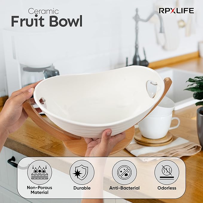 Ceramic Fruit Bowl for Kitchen Counter - 13" Modern Fruit Holder - Large Fruit Basket for Island - Large Decorative Bowl for Home Decor - Pedestal Bowl - Entryway Bowl for Keys - Extra Large