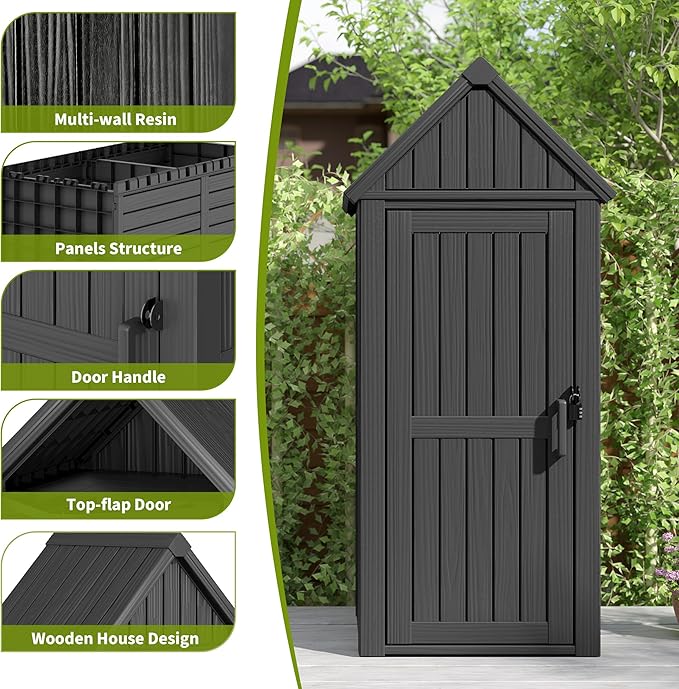Outdoor Storage Shed – Durable Resin with Sloping Roof and Lockable Door, Waterproof Storage Cabinet with Ample Space, Multiple Hooks for Backyard, Garden, Patio & Lawn Black