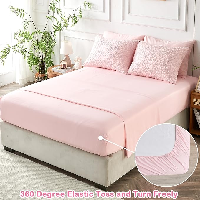 Queen Size Tufted Kids Comforter Set 7 Piece Pink Jacquard Tufts Embroidery Bedding Set for Boys Girls Bed in A Bag Quilt with 1 Comforter, 1 Flat Sheet, 1 Fitted Sheet, 2 Pillowcase and 2 Pillow Sham