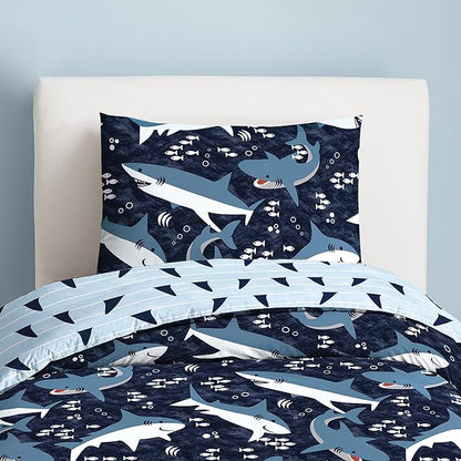 Dream Factory Sharks Boys Full Queen Size Boys Bedding Set Cotton Kids Comforter Set with Sham, 3 Piece, Full/Queen, Navy