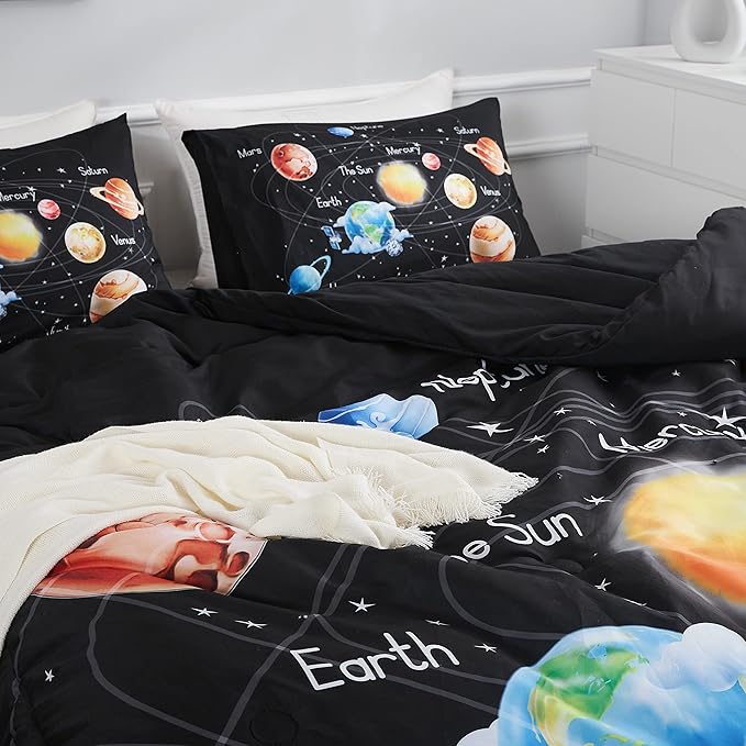 Twin Bedding Sets for Boys Girls Solar System Comforter Set Outer Space Bedding Set 3 Pieces 1 Space Comforter Twin and 2 Pillow Cases Kids Ultra-Soft Microfiber All Seasons for Bedroom Sofa