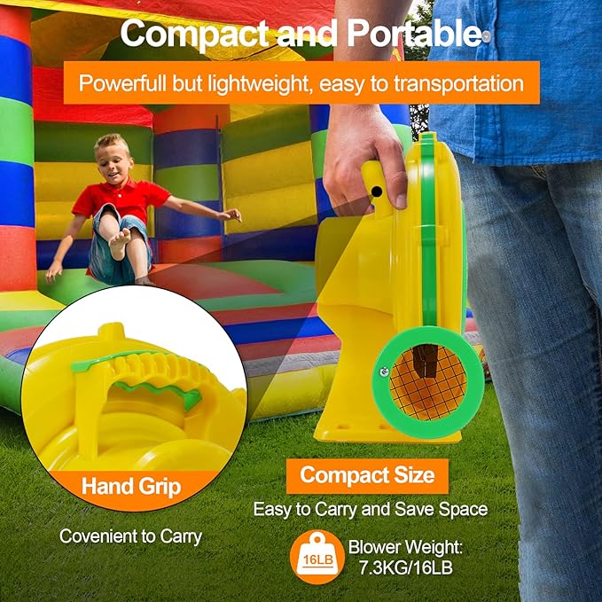 Bounce House Blower, 950W 1.27HP Commercial Air Blower with Double-Sided Fan Blade Design, Strong Wind and Great Heat Dissipation Properties for Medium and Small Bouncy Castle, Jump Slides, Arch