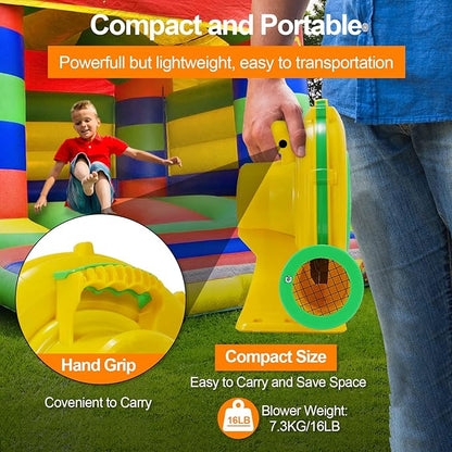Bounce House Blower, 950W 1.27HP Commercial Air Blower with Double-Sided Fan Blade Design, Strong Wind and Great Heat Dissipation Properties for Medium and Small Bouncy Castle, Jump Slides, Arch