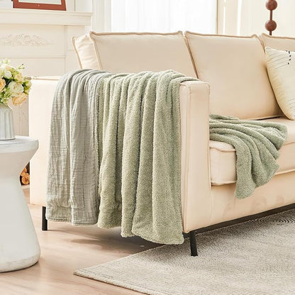 EMME Muslin and Fleece Twin Blanket Reversible - 60"*80" Sage Green Soft Warm Throw Blankets for Couch Bed Picnic Travel Bed