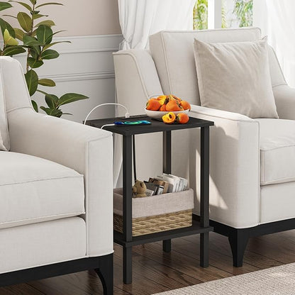 TUTOTAK End Table with Charging Station, Side Table with USB Ports and Outlets, Nightstand, 2-Tier Storage Shelf, Sofa Table for Small Space TB01BK040