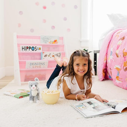 Wildkin Kids Canvas Sling Bookshelf for Boys and Girls, Wooden Design Features Four Fabric Shelves, Keep Bedrooms, Playrooms, and Classrooms Organized, Measures 25 x 24 x 11 Inches (White w/ Pink)