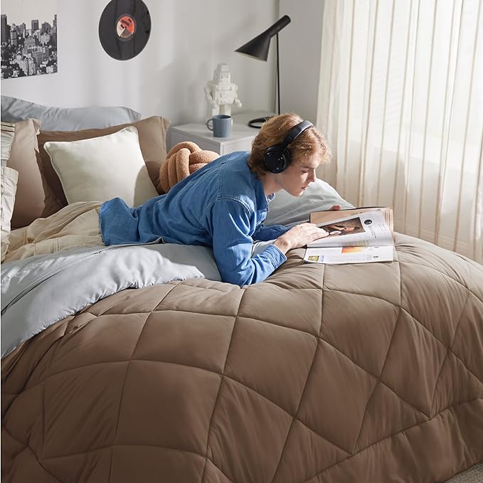 Bedsure Brown California King Size Comforter Set - 7 Pieces Reversible California King Bed in a Bag, California King Brown and Grey Bed Set with Comforters, Sheets, Pillowcases & Shams