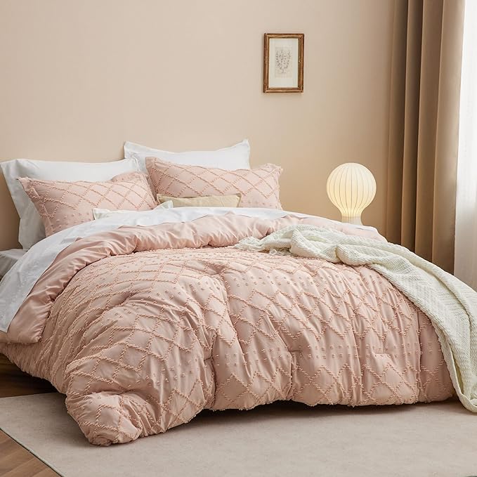 Bedsure Twin XL Comforter Set - Coral Pink Twin Extra Long Comforter Set for College, Shabby Chic Dorm Bedding Set, 2 Pieces Boho Farmhouse Bed Set, includes 1 Pillow Sham