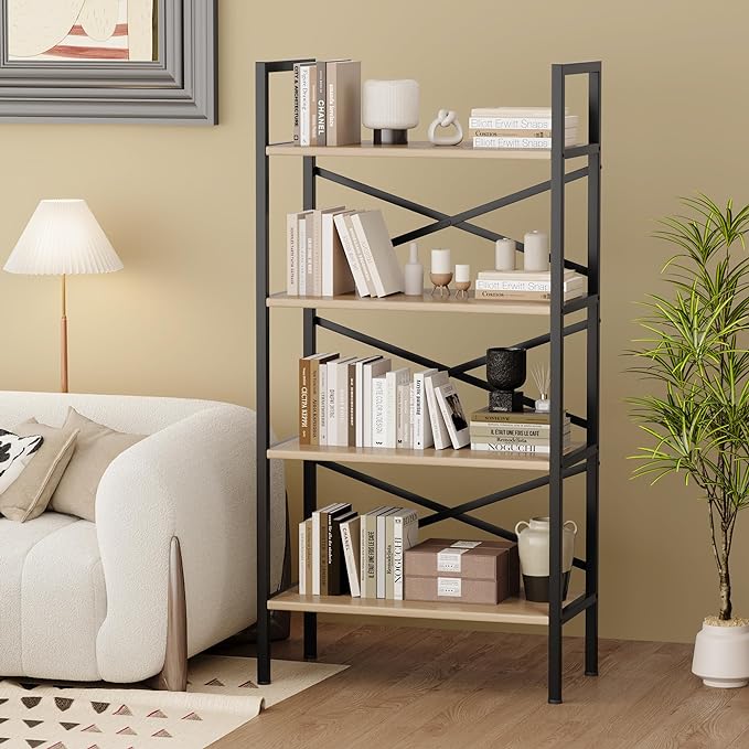 4 Tier Book shelf 23.6" W, Small Bookcase with Open Shelves, BookShelf with Storage, Standing Book Shelves Organizers and Storage for Living Room, Kitchen, Home, Office (Light Coffee)