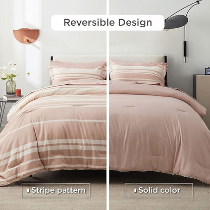 Bedsure Bed in a Bag Queen 7 Pieces, Dusty Pink White Striped Bedding Comforter Sets All Season Bed Set, 2 Pillow Shams, Flat Sheet, Fitted Sheet and 2 Pillowcases