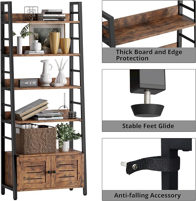 IRONCK Bookshelf with Louvered Doors, 4-tier Ladder Shelf with Cabinet Industrial Accent Furniture for Bedroom Living Room Home Office, Rustic Brown