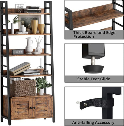 IRONCK Bookshelf with Louvered Doors, 4-tier Ladder Shelf with Cabinet Industrial Accent Furniture for Bedroom Living Room Home Office, Rustic Brown