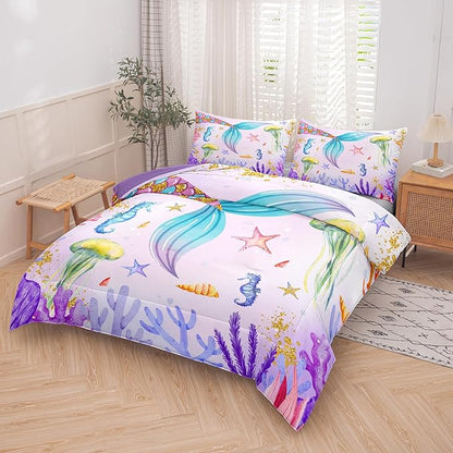 NINENINE Girls Mermaid Bedding Set,Mermaid Tail Comforter Set,Twin Size Bedding Sets for Girls,Princess Toddler Bedding Sets for Girls with 1 Comforter 1 Pillowcase…