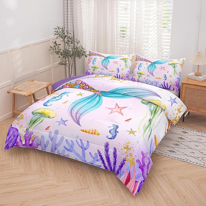 NINENINE Mermaid Tail Bedding Sets Mermaid Comforter Set,Full Size Bedding Sets for Girls,Princess Comforter Toddler Bedding Sets for Girls with 1 Comforter 2Pillowcases
