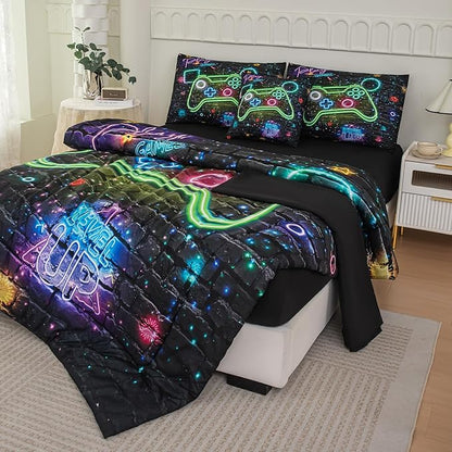 NINENINE Gamer Bedding Sets, 6PCS Full Size Comforter Size for Boys,Gaming Bedding Sets for Boys Bed in A Bag Gamer Comforter Sets(1Comforter,1Flat Sheet,1Fitted Sheet,1Cushion Cover,2Pillowcases)…