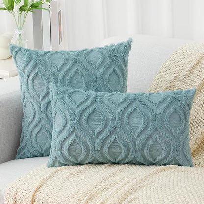 decorUhome Fall Throw Pillow Covers 16x16 Inch Set of 2, Soft Plush Decorative Faux Fur Aqua Solid Couch Pillow Covers, Accent Farmhouse Neutral Square Euro Pillow Cases for Sofa Bed Living Room