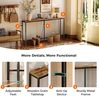 SUPERJARE Console Table with Outlet, 63 Inch Sofa Table with Charging Station, Narrow Entryway Table, Behind Couch Table, for Living Room, Plants - Rustic Brown