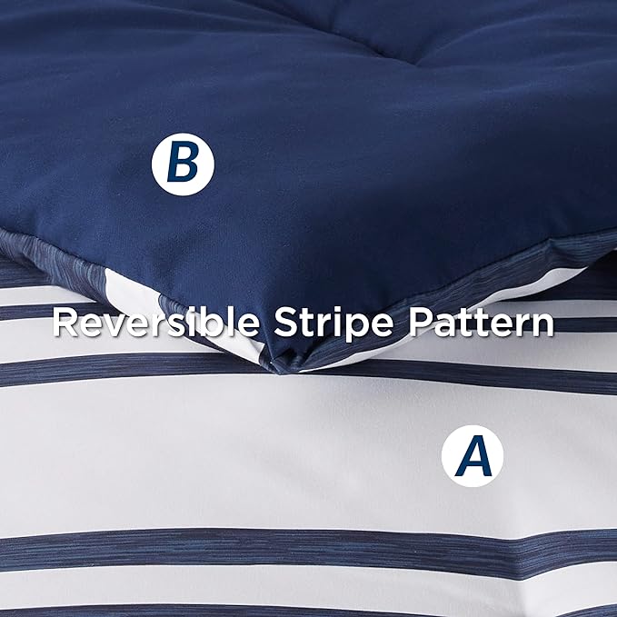 Bedsure Bed in a Bag King Size 7 Pieces, Navy White Striped Bedding Comforter Sets All Season Bed Set, 2 Pillow Shams, Flat Sheet, Fitted Sheet and 2 Pillowcases