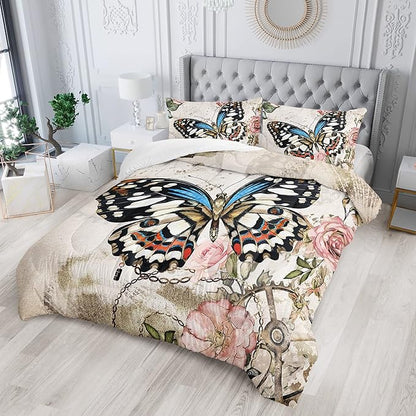 Butterfly Comforter Set for Girls Kids Adults Butterfly Rose Bedding Set Aesthetics Butterflies Quilt Duvet Set Twin Size with 1 Comforter and 2 Pillowcases