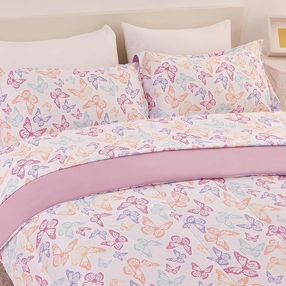 Butterfly Kids Comforter Set for Girls Full Size, Cute Reversible Quilted Lavender Printed Bedding Set with Pillow Sham, Lightweight Soft Breathable Machine Washable Bed Set 3 Piece