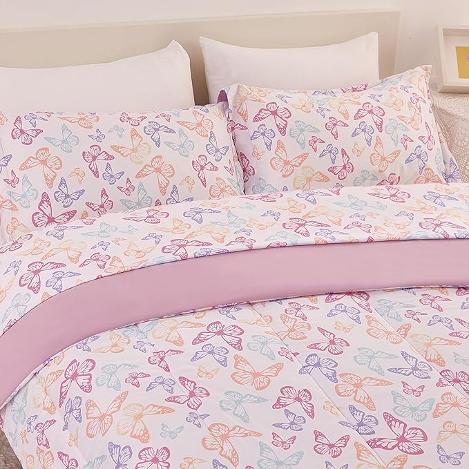 Butterfly Kids Comforter Set for Girls Twin, Cute Reversible Quilted Lavender Printed Bedding Set with Pillow Sham, Lightweight Soft Breathable Machine Washable Bed Set 2 Piece