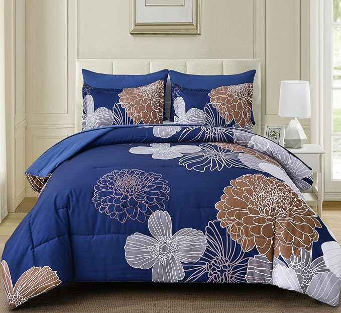 Yiran Navy Brown Comforter Set Queen Bed in a Bag 7 Pieces Floral Soft Microfiber Comforter Bedding Sets Bed Set with Comforter, Sheets, Pillowcases & Shams 90"×90"