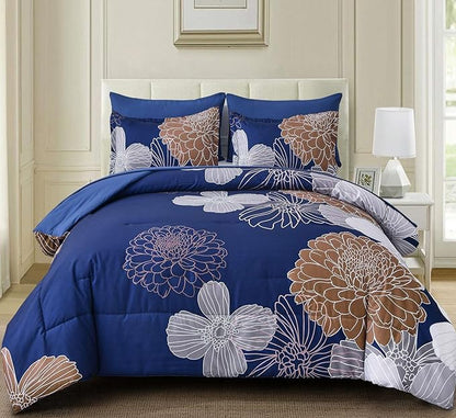 Yiran Navy Brown Comforter Set Queen Bed in a Bag 7 Pieces Floral Soft Microfiber Comforter Bedding Sets Bed Set with Comforter, Sheets, Pillowcases & Shams 90"×90"