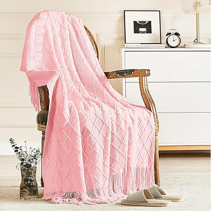 inhand Knitted Gift Throw Blankets for Couch and Bed,Valentines Day Decor Blanket for Her Him Girlfriend Wife, Pink Romatic Lightweight Decorative with Tassel, Farmhouse Warm Woven for Women, 60"x80"