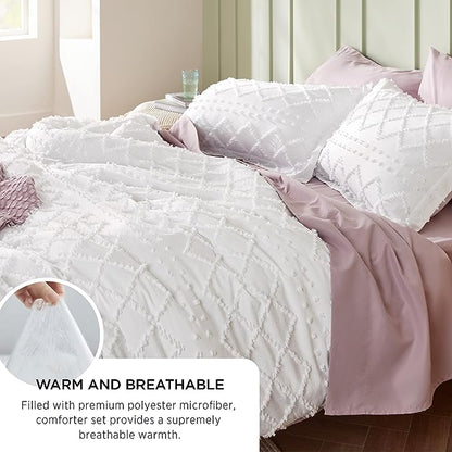 Bedsure Queen Comforter Set - White Comforter, Boho Tufted Shabby Chic Bedding Comforter Set, 3 Pieces Vintage Farmhouse Bed Set for All Seasons, Fluffy Soft Bedding Set with 2 Pillow Shams