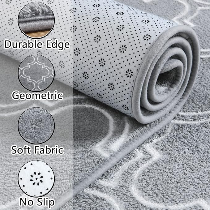 Chicrug Shag Geometric Modern Area Rug for Bedroom, 6x9 Feet Memory Foam Indoor Carpet, Fluffy Rug for Living room Bedside Room Decor for Family Girls Kids Nursery Play Mat, Grey/White